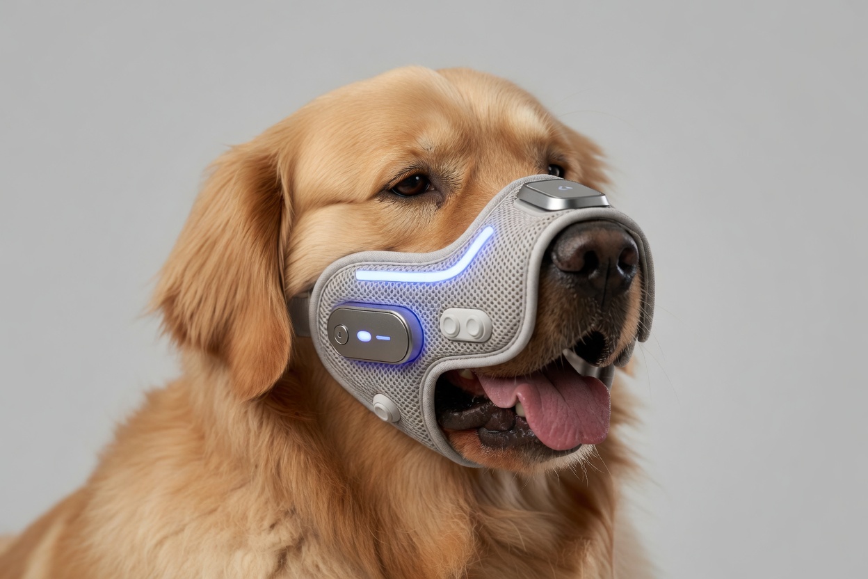 HushPaw supervised-use muzzle concept in silver mesh